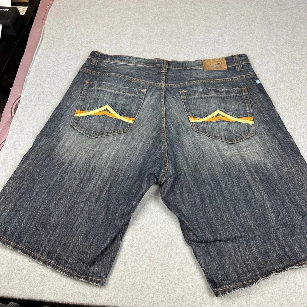 Azzure Mens Love Life Denim Shorts Dark Wash Embroidered‎ 40W Relaxed Fit Y2K